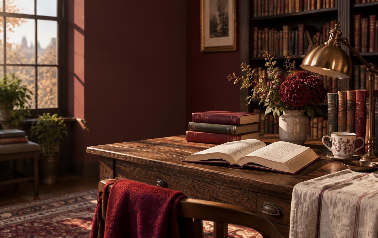 An open novel on a warm wooden reading table in a private library